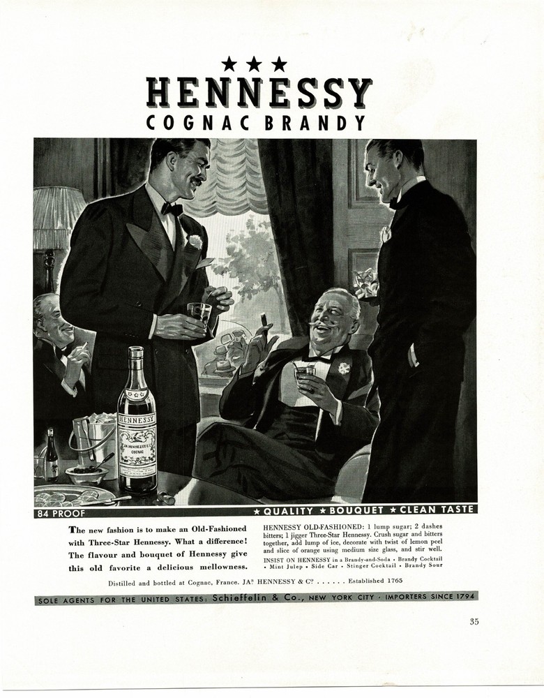 1938 Hennessy Cognac Brandy art Vintage Print Ad Men in Tuxedos having Drinks