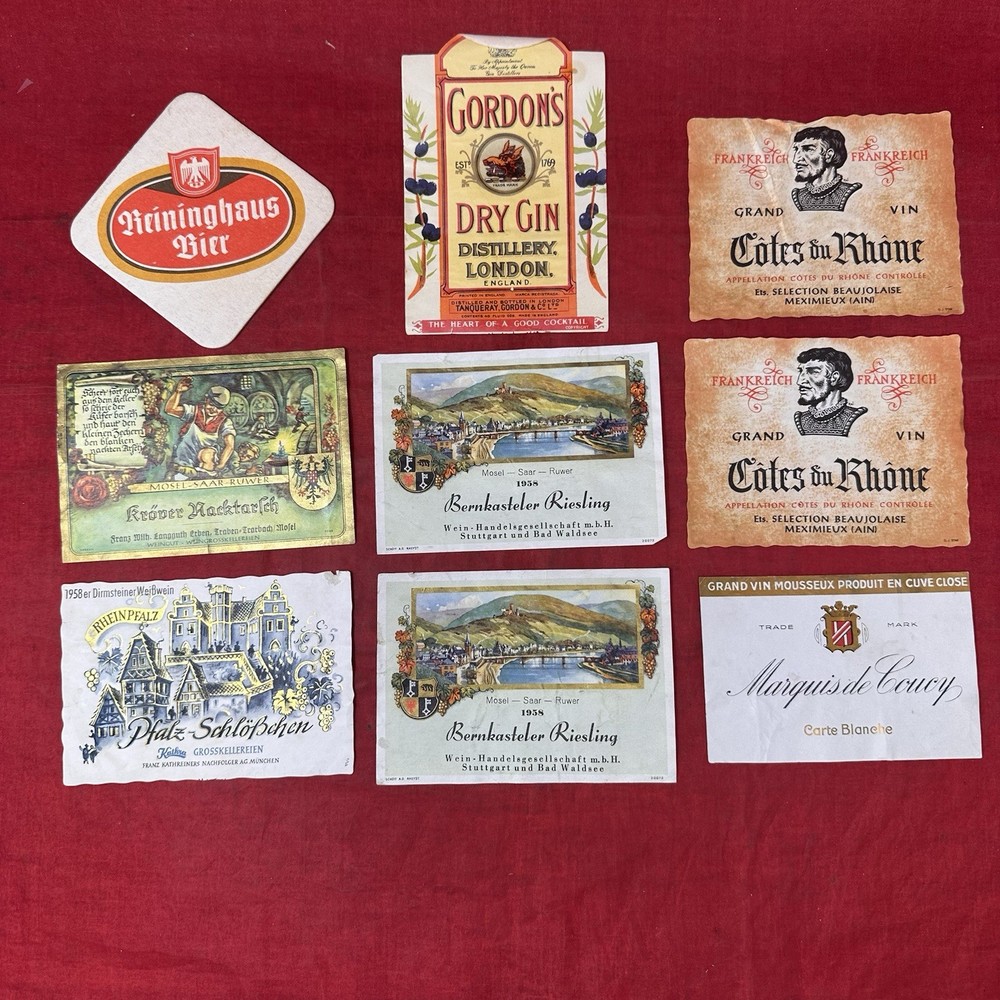 9 Vintage Bottle Label Wine Spirit Foreign 1950s 1960s Beer Bulk Lot