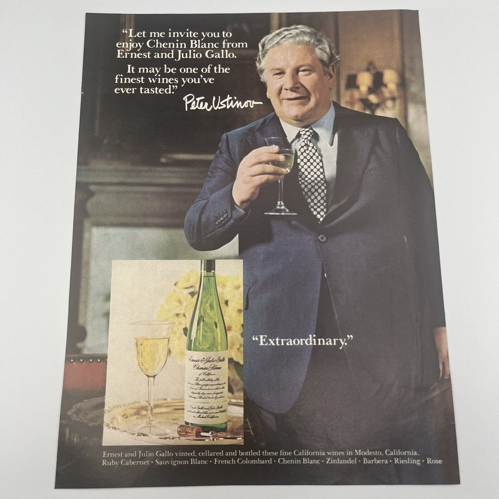 1975 Peter Ustinov for Ernest & Julio Gallo Chenin Blanc Wine Print Ad 8&Prime;x11&Prime;