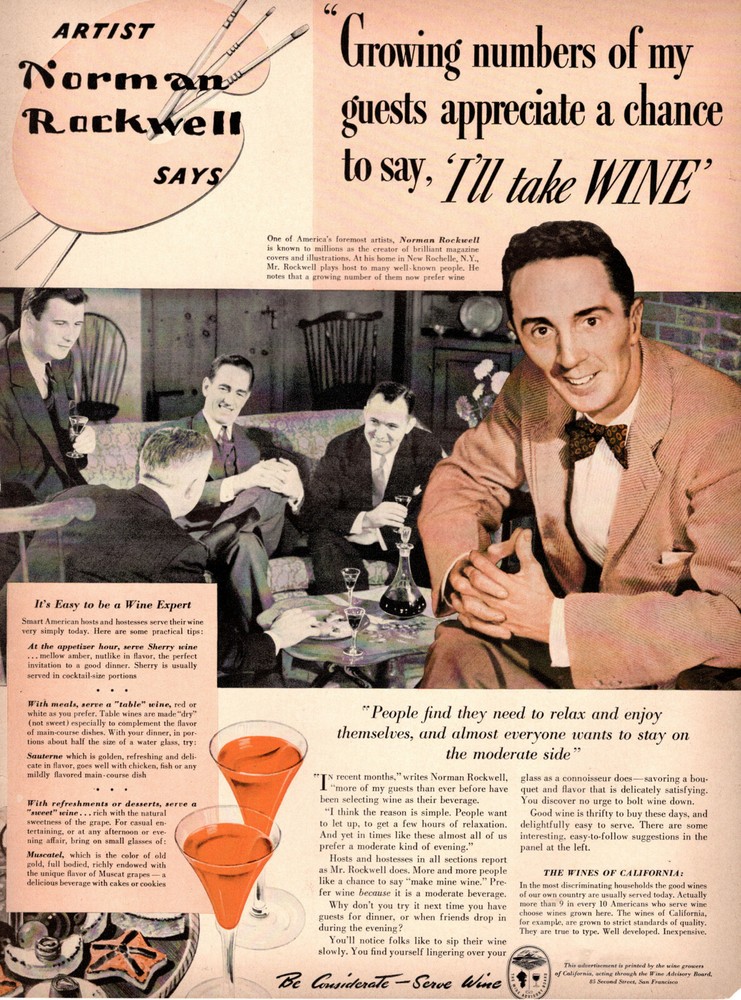1945 vintage beverage AD for The Wines of California Norman Rockwel 032721