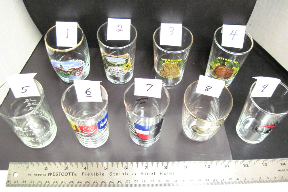 9 European souvenir wine tasting glasses 1970s to 1990s, all Vy Good, no damage