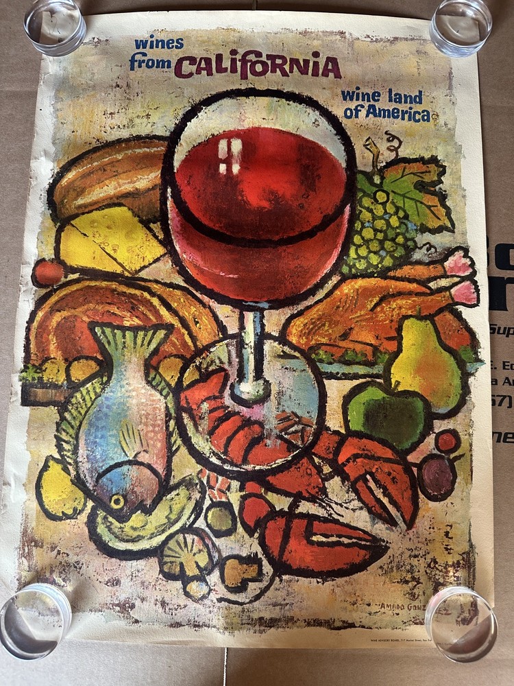 Vintage California Wine Land of America Lithograph Red Wine Amado Gonzalez 29×21