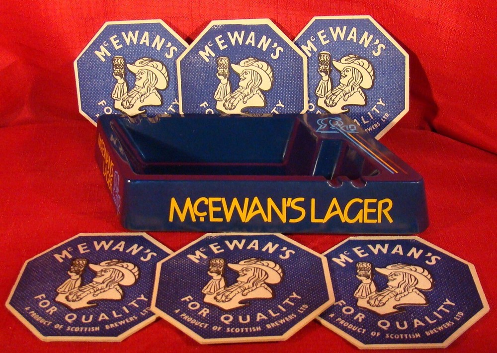 McEWAN’S LAGER BLUE MELAMINE ASHTRAY + 6 BAR MATS – EXCELLENT CONDITION! 