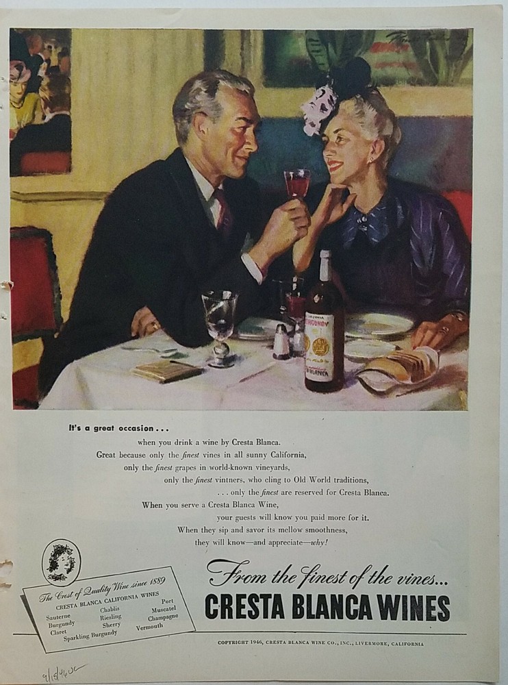 1946 Cresta Blanca wines it&rsquo;s a great occasion couple having dinner ad