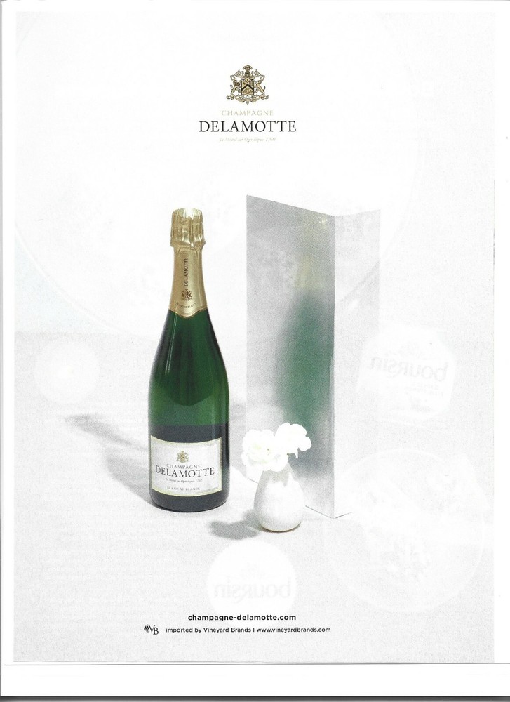 Delamotte Champagne Print Ad, Green Bottle White Background White Flower Vase