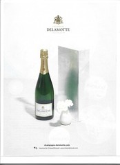 Delamotte Champagne Print Ad, Green Bottle White Background White Flower Vase
