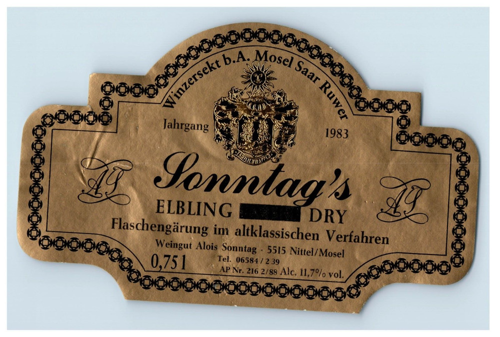 1960&rsquo;s-80&rsquo;s Jonntags Elbling Dry Flaschengarung German Wine Label S72E