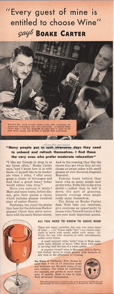 1939 Wine Advisory Board San Francisco California Boake Carter CBS Radio Ad