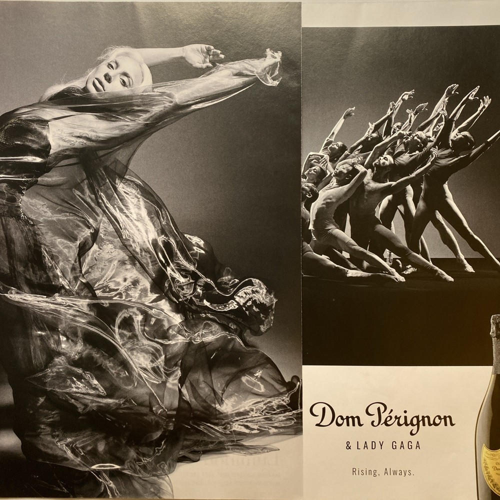 2023 Dom Perignon Champagne 2 page PRINT AD Lady Gaga Dance Rising Always B&W