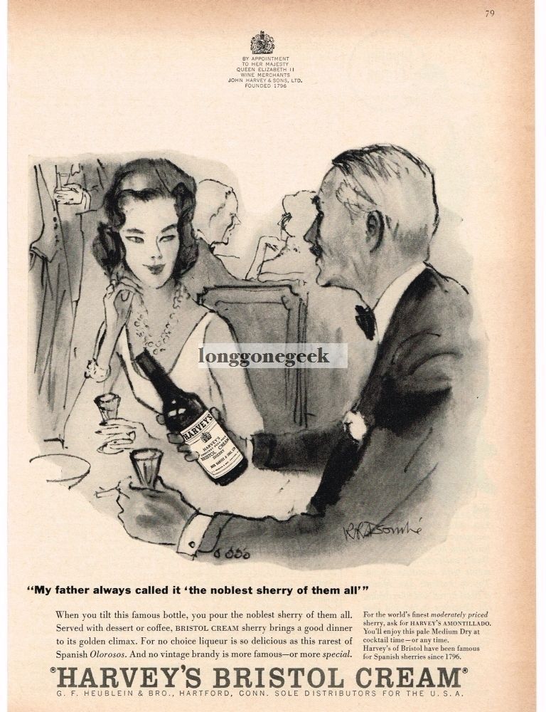 1959 HARVEY&rsquo;S BRISTOL CREAM Sherry art by R Rasombe Vintage Print Ad
