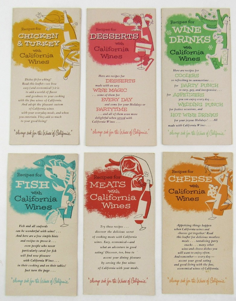 c1956 California Wine Advisory Board Recipe Brochures San Francisco Drinks Meats