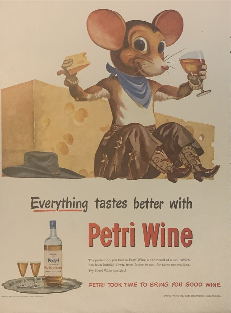 1949 Petri Dry Sherry Postcard Cowboy Mouse Wine & Cheese San Francisco VTG 40s