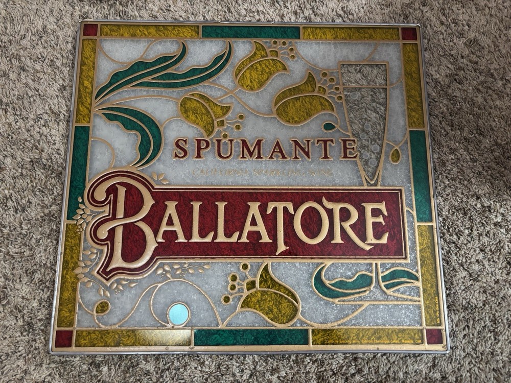 VINTAGE 1980’S SPUMANTE BALLATORE WINE STAINED GLASS SIGN 18.5” X 17”