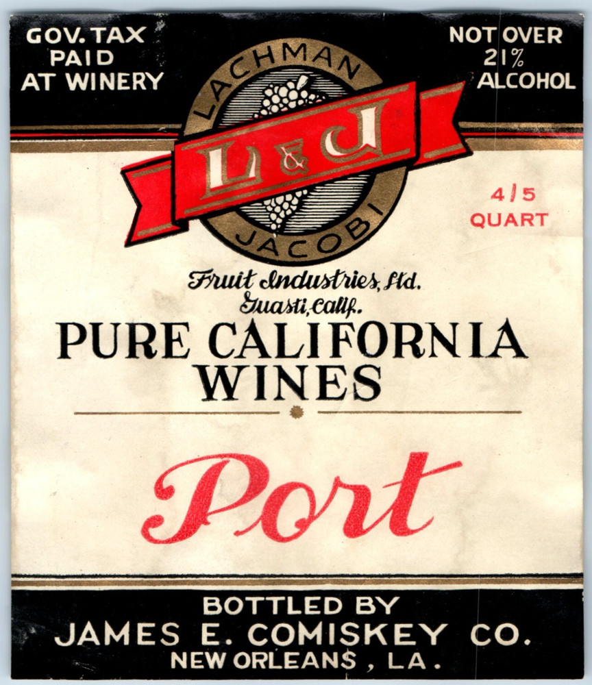 1920s-30s Lachman Jacobi California Port Wine James Comiskey Co. Label WL2
