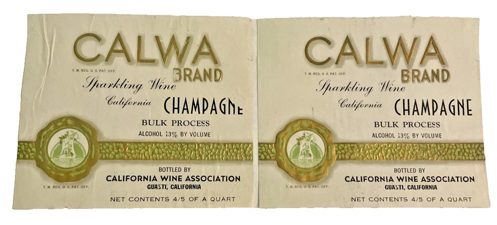VTG CALWA Brand California Champagne Sparkling Wine Label Guasti CA 1960s LOT 2