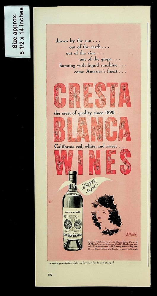 1943 Cresta Blanca California Wines Red White Sweet Grape Vintage Print Ad 38407