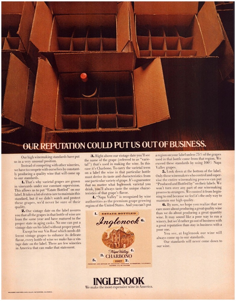 Print Ad Inglenook Charbono WIne Napa 1970 Full Page Large Magazine 10.5&Prime;x13.5&Prime;