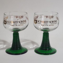 Set 2 Schmitt Sohne Wine Cordial Glasses Goblets Green Ribbed Stem W. Germany