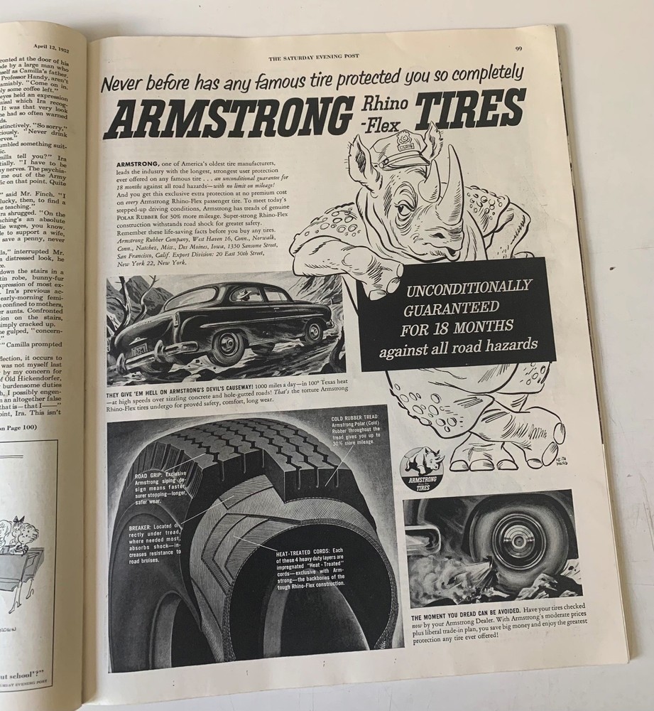 Armstrong Tires Magazine Ad Rhino-Flex Unconditionally Guaranteed 1952 Vintage