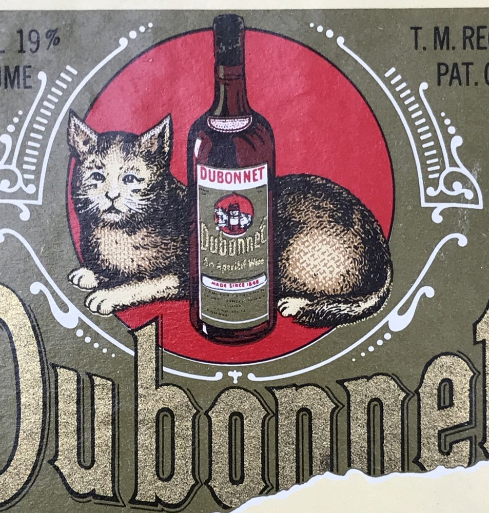 VTG Dubonnet Blonde Extra Dry White Wine Aperitif Bottle Label Happy Cat 5×3.25