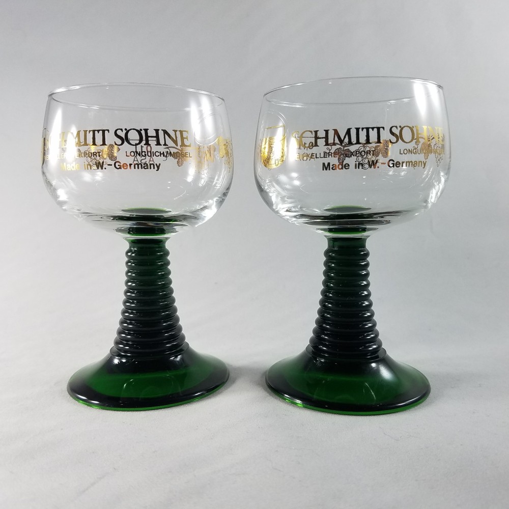 SCHMITT SOHNE Wine Glasses (x2) – Green Ribbed Stem Cordial Vintage W. Germany