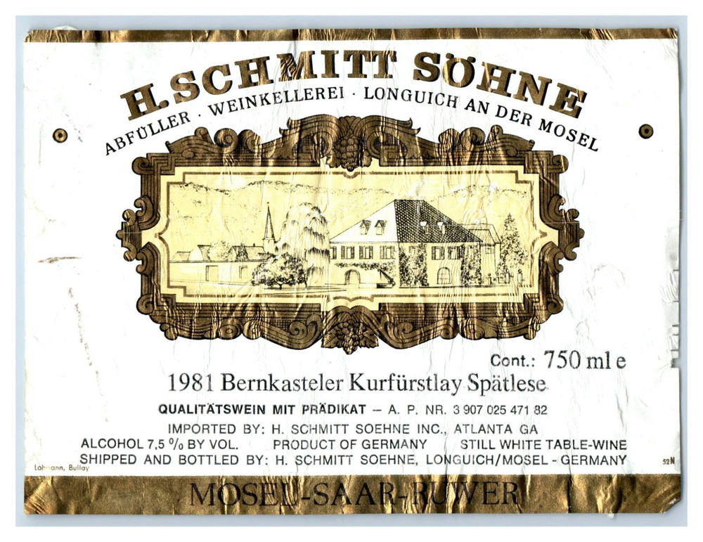1970&rsquo;s-80&rsquo;s H. Schmitt Sohne Mosel-Saar-Ruwer German Wine Label Original S11E