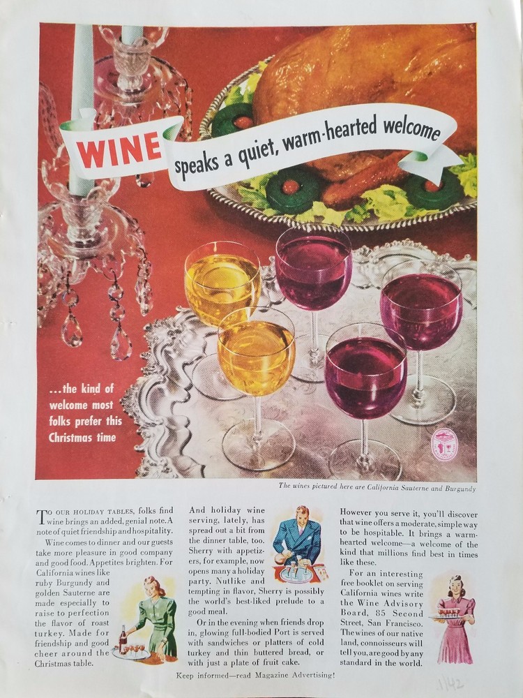 1944 Wine Holiday Taste Red White Wine Glasses Original Ad