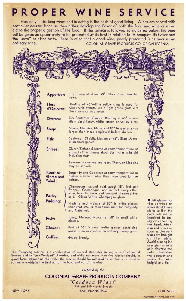 1930s Colonial Grape Products Co. San Francisco Proper Wine Service Handout #DK