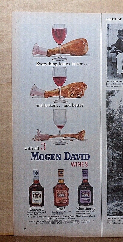 1960 magazine ad for Mogen David wines – Turkey legs taste better with wine