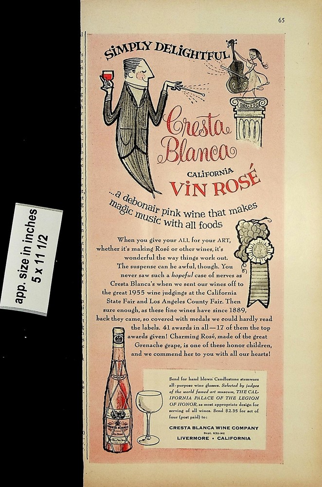 1956 Cresto Blanca Vin Rose California Vintage Print Ad 6887