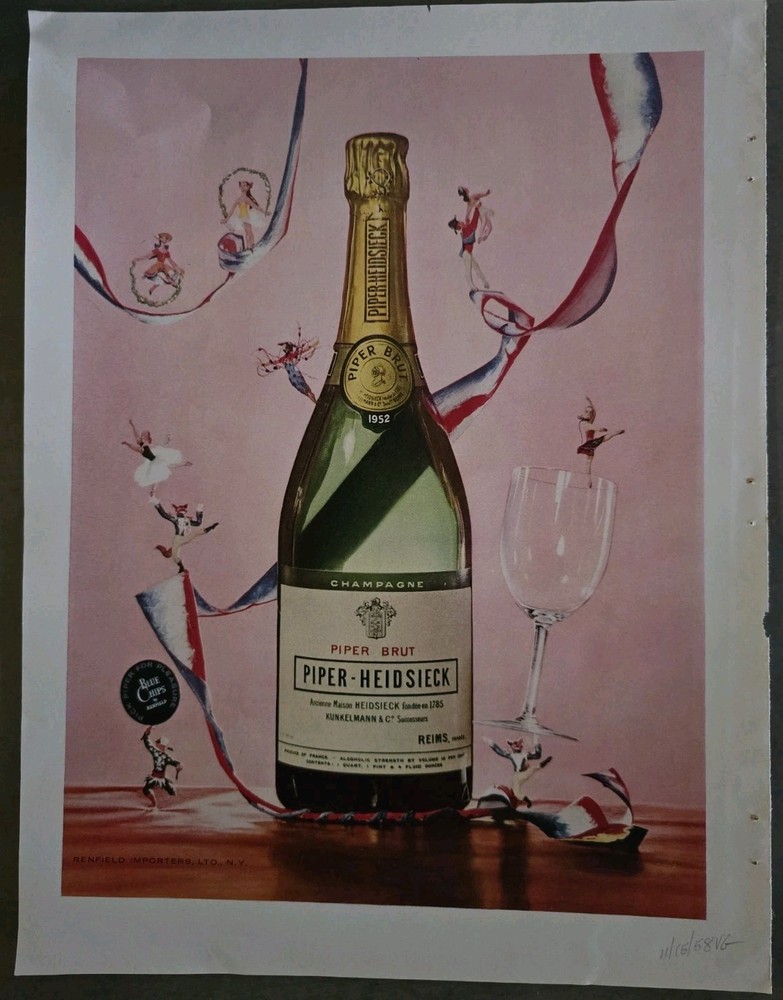 1958 Piper Heidsieck Brut Champagne Green Bottle Dancers Art vintage ad