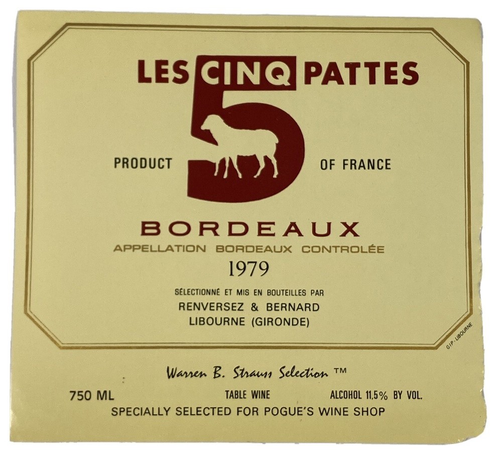 Vintage Wine Label French Specimen Les Cinq Pattes Bordeaux Wine Label Art Decor