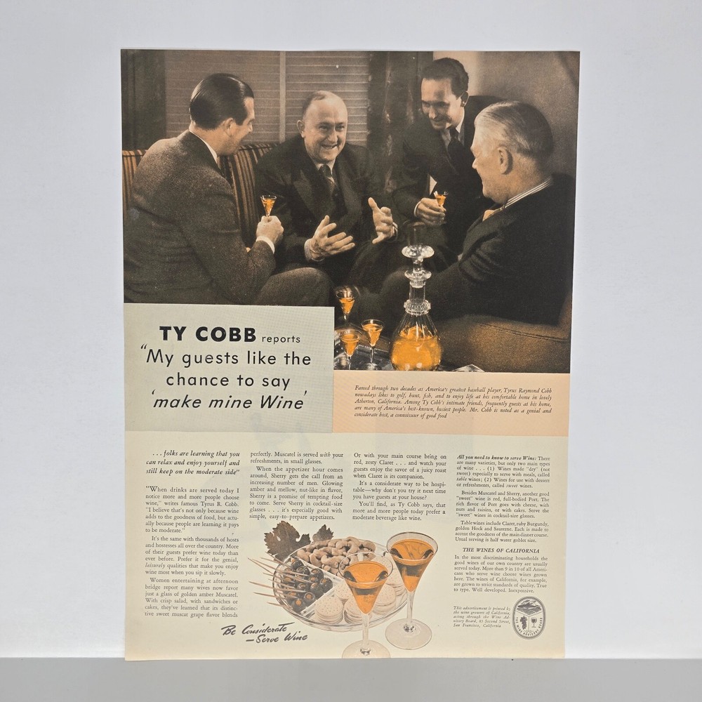 1940 Wine Advisory Board Vintage Ad California Growers Ty Cobb Baseball