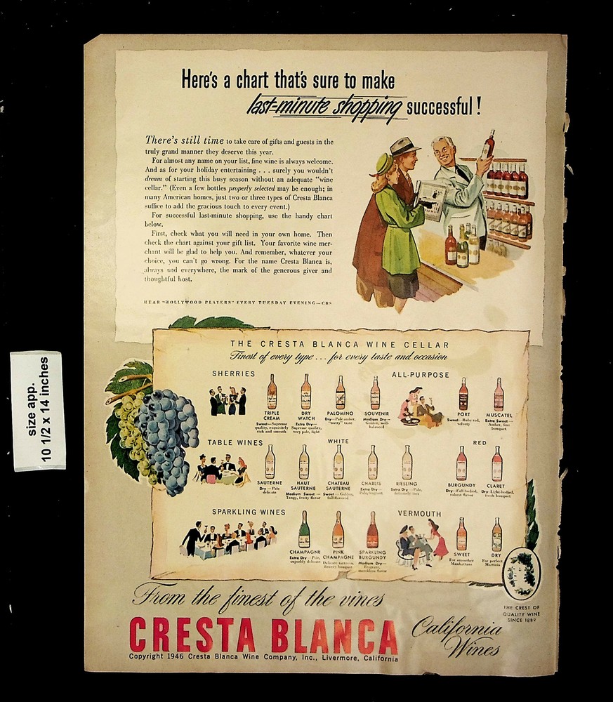1946 Cresta Blanca California Wines Grapes Livermore, CA Vintage Print Ad 24021