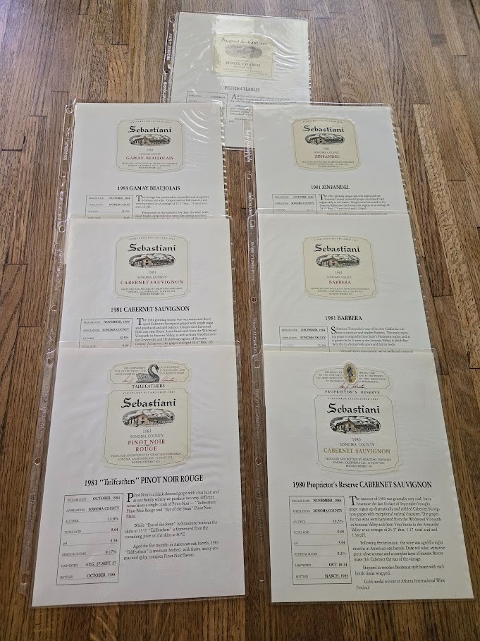 Lot of 7 SEBASTIANI Wine Labels w/Fact Sheets in Plastic Sleeves ~ 1980&rsquo;s
