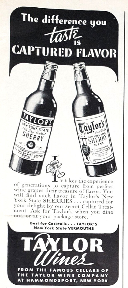 PRINT AD 1942 Taylor Wines New York State Sherries Captured Flavor SMALL 2×6