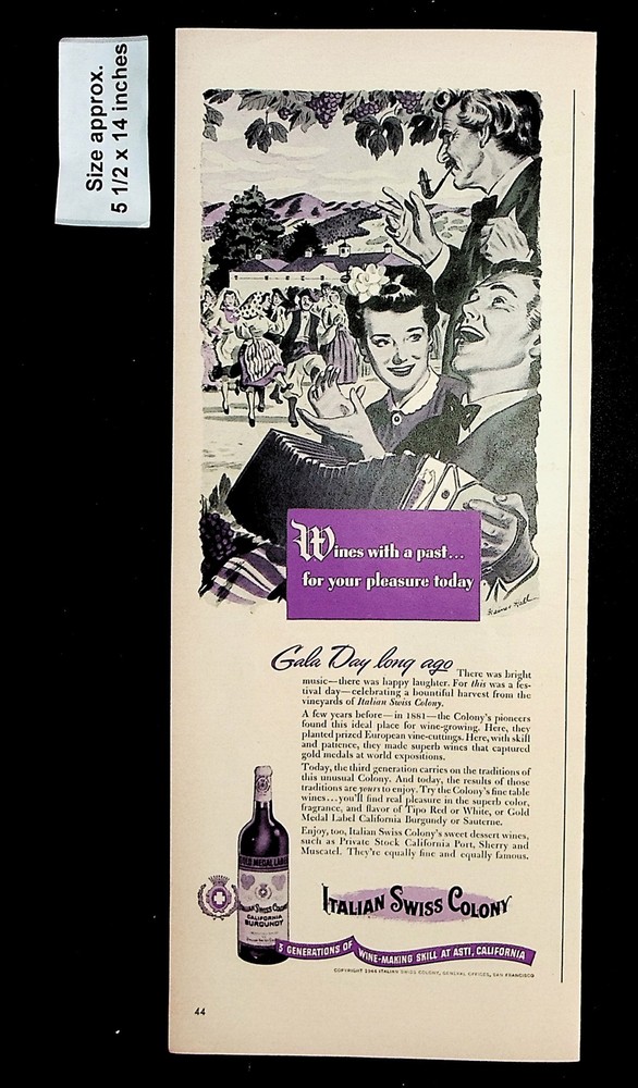 1944 Italian Swiss Colony Wine-Making Gala Day Woman Hair Vintage Print Ad 35161