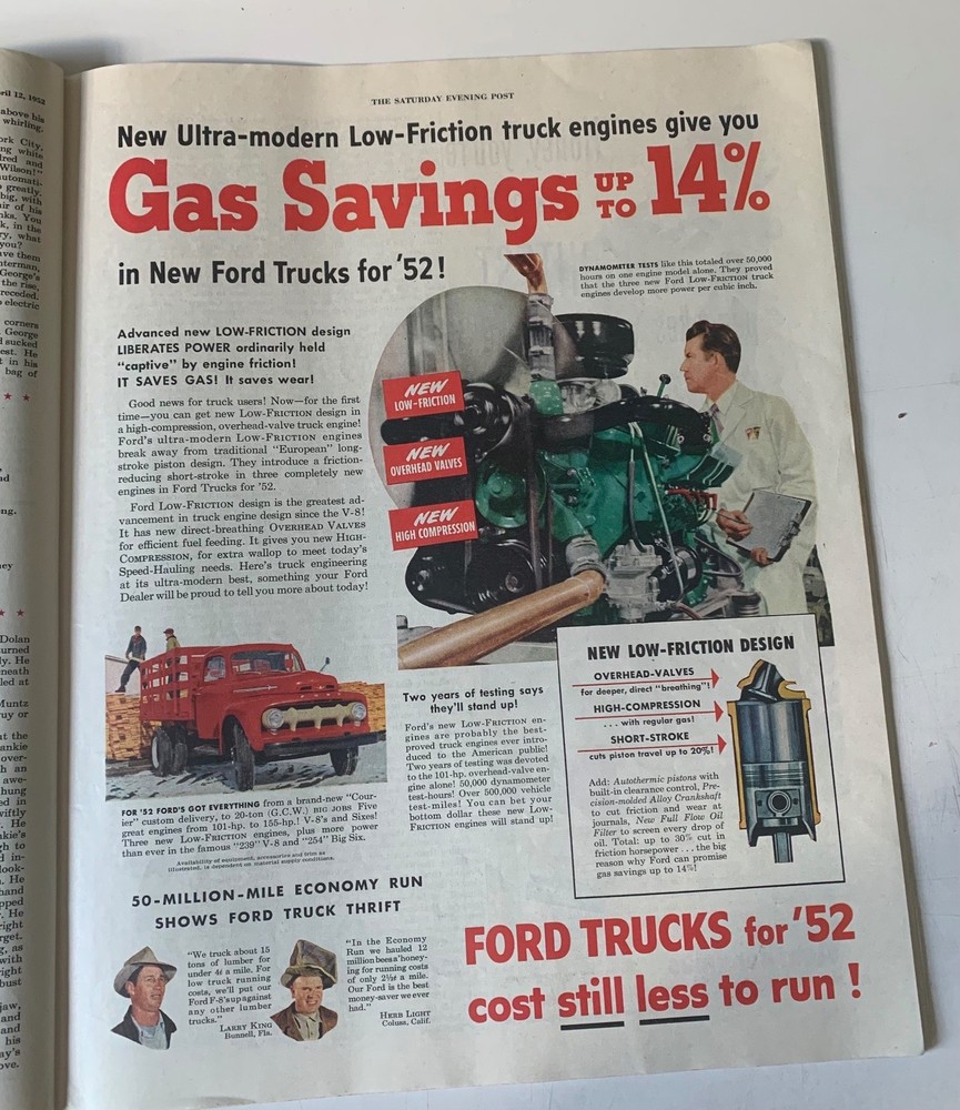 Ad Ford Magazine Ad Gas Savings 1952 Truck Engines