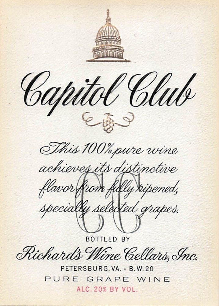 Capitol Club 1940s Vintage Wine Label Richard&rsquo;s Wine Cellars Petersburg VA