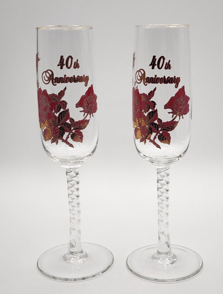 Vintage Banawe Canada 40th Anniversary Champagne/ Wine Glass Flute Rare Red Rose