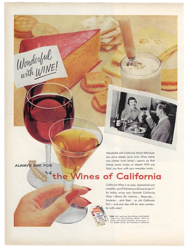 Wines of California Print Ad Vintage Advertisement Wine Advisory Board 1957