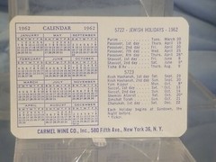 Vtg Advertising Pocket Wallet Calendar Card: 1962 CARMEL WINE w Jewish Holidays