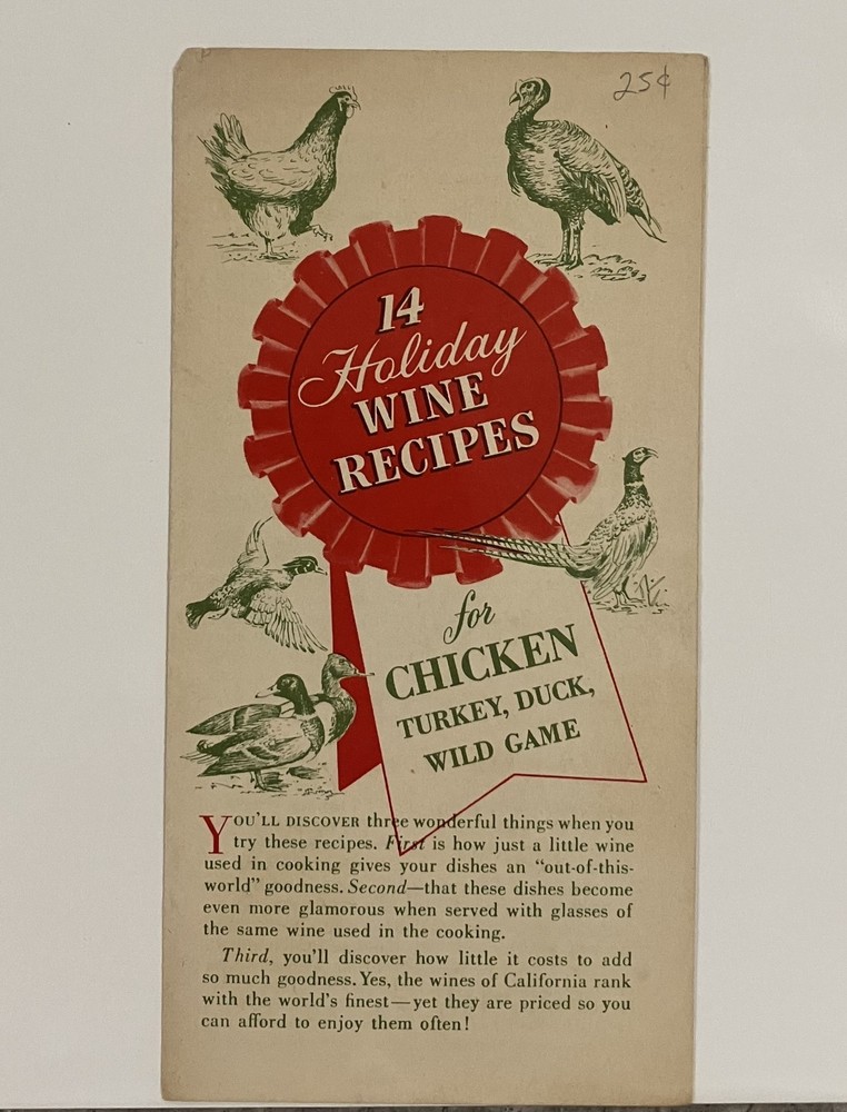Vintage 14 Holiday Wine Recipes Chicken Turkey Duck California Wine Board