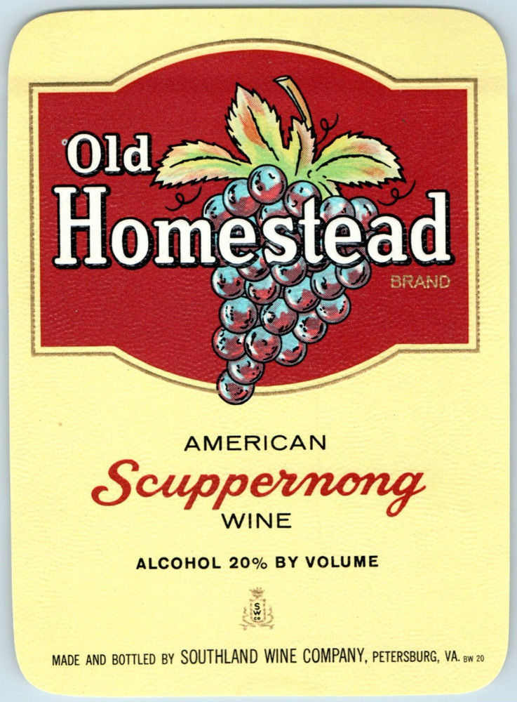 1930s-40s Old Homestead Brand American Scuppernog Wine Bottle Label F224
