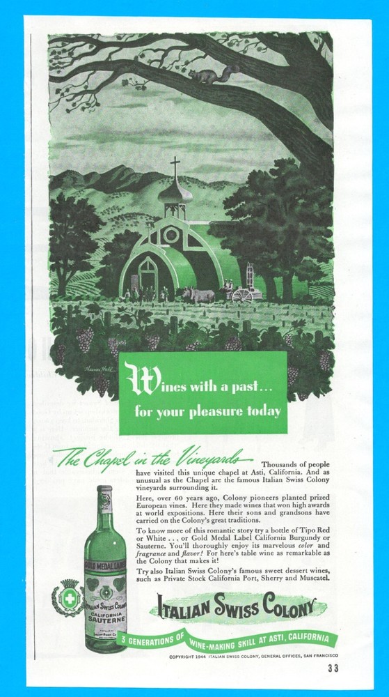 1944 Italian Swiss Colony Wine print ad vineyard Asti California Chapel WWII era