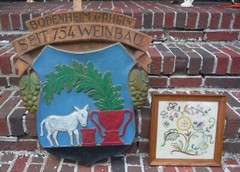 VINTAGE BODENHEIM A/RHEIN GERMANY, LARGE HEAVILY CARVED WOOD CITY SEAL SIGN.