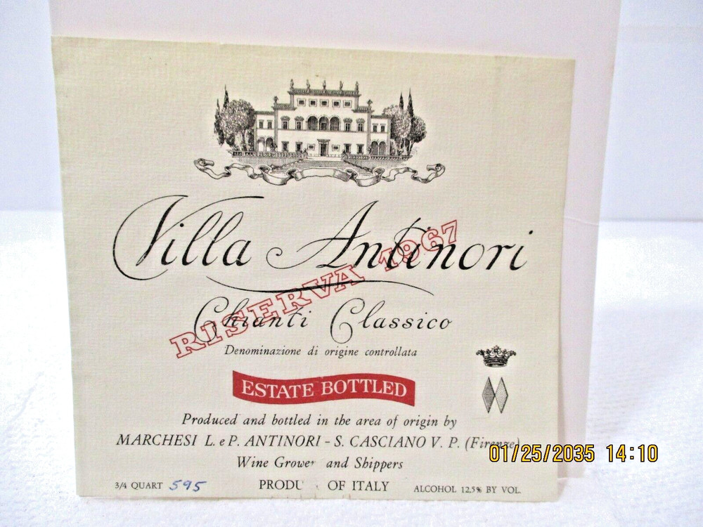 1967 Wine Bottle Label Italy Villa Antinori Chianti Classico Reserve