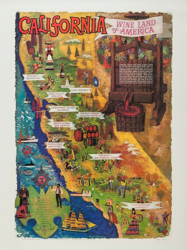 Wines of California NEW Metal Sign: Wine Vineyard Regions on CA Map – Large Size