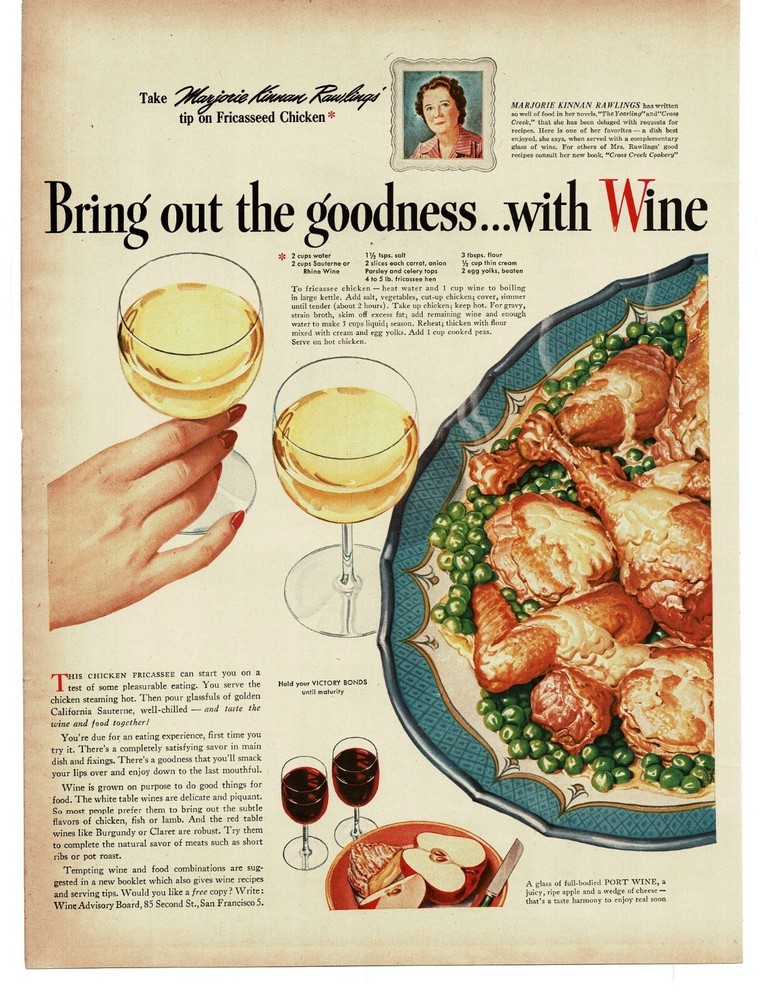 1945 CA Wine Advisory Board White Wine Chicken Fricassee recipe Vintage Print Ad