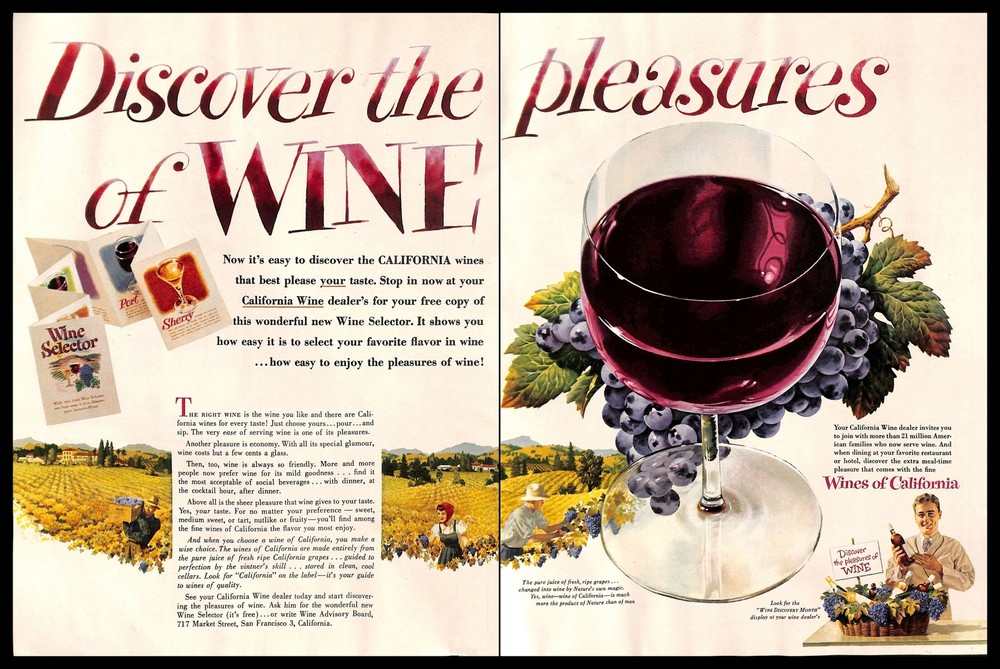 1952 Wines Of California Vintage PRINT AD Discovery Grapes Vineyard Alcohol 50s